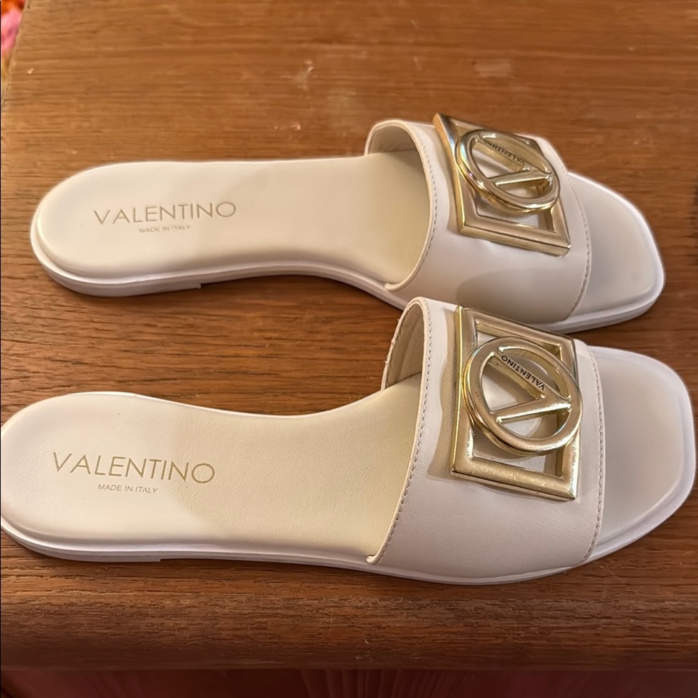 Valentino White Leather Slide Sandals with Gold Logo Plaque